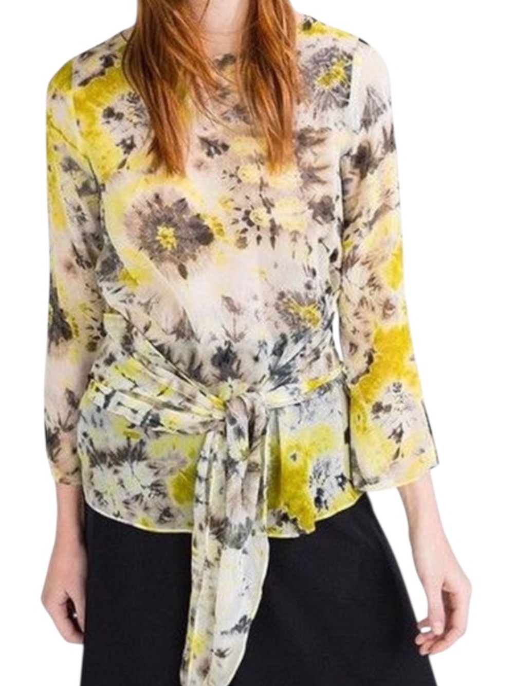 Zara Sheer Chiffon Blouse - Yellow/Gray/White Size XS